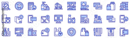 Retail purple style icon collection. Vector illustrations. Search, Shopping cart, Wishlist, Cosmetic, Delivery truck, Shelf. Professional vectors.