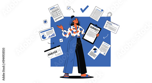 Vector illustration of woman surrounded by documents and office supplies