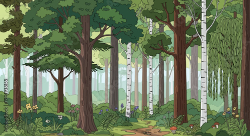 Trees Forest Green Leaves Trunks.