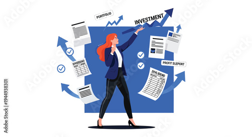 Vector illustration of businesswoman with finance documents and investment arrows