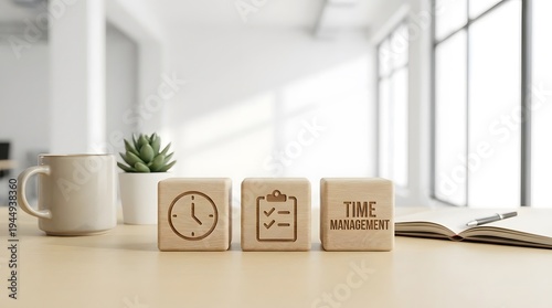 A well-organized office desk with time management blocks, a cup of coffee, and a plant in a modern workspace