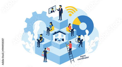 Vector illustration of people working on 3D blocks with business icons