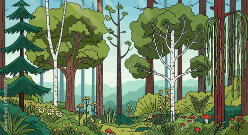 Trees forest landscape with green foliage.