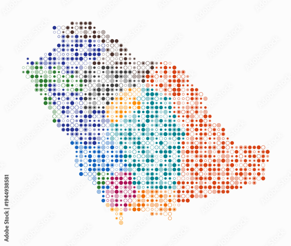 Fototapeta premium Saudi Arabia, shape of the country build of colored cells. Digital style map of the Saudi Arabia on white background. Small size circle blocks. Stylish vector illustration.
