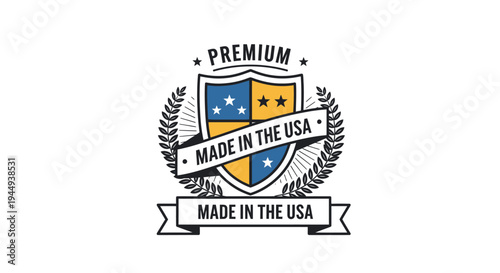 Premium Made in USA label with shield and laurel wreath emblem