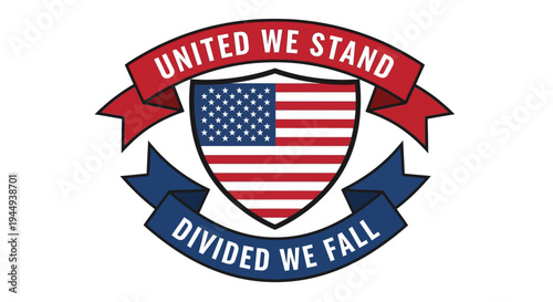 Patriotic emblem with shield and banners displays American flag