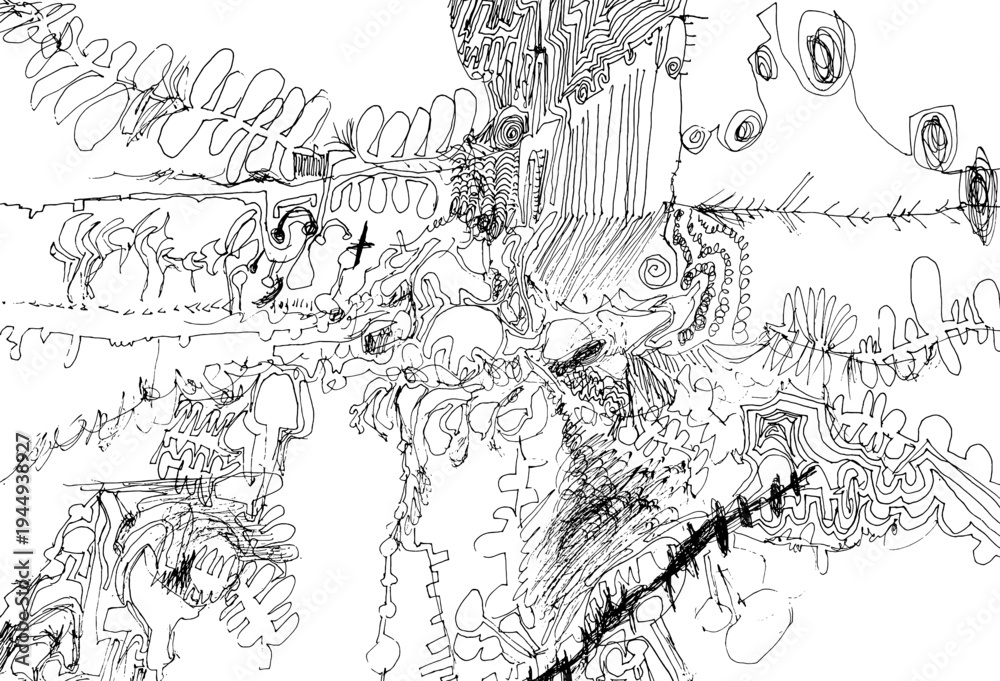 Obraz premium Hand-drawn monochrome pen line art of intricate organic patterns and complex details
