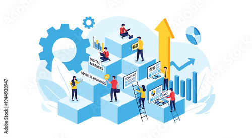 Vector illustration of business people working on cubes with graphs and charts