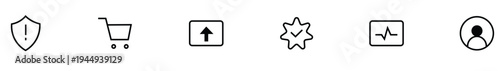 Generic UI Line Icon Set including Security Shield Alert, Shopping Cart, Upload Arrow, Verified Quality Star, Heart Rate Monitor, and User Profile with Editable Stroke