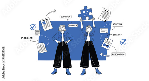 Vector illustration of two business people with problem solving and strategy icons