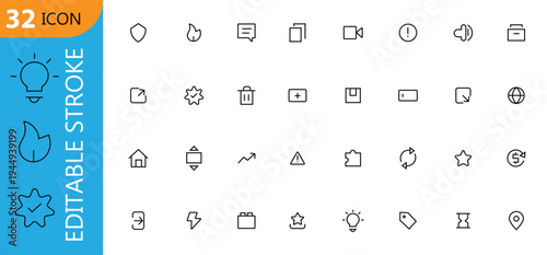 Mega Set of 32 Universal Line Icons including Lightbulb, Shield, Trash Can, Home, Fire, Puzzle, Star, Hourglass, Price Tag, and Settings with Editable Stroke