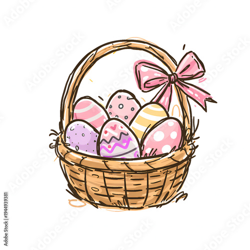 Hand-drawn Flat design Easter basket filled with decorated eggs and a pink bow, perfect for holiday greetings and celebrations