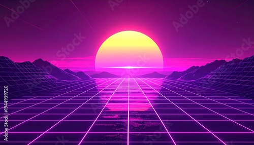 Retro-futuristic Sunset Over a Digital Grid Landscape with Mountains and Reflection