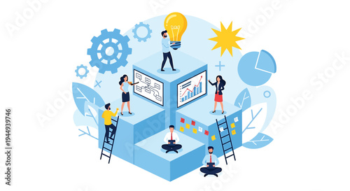 Vector illustration of people working on a large computer with creative ideas