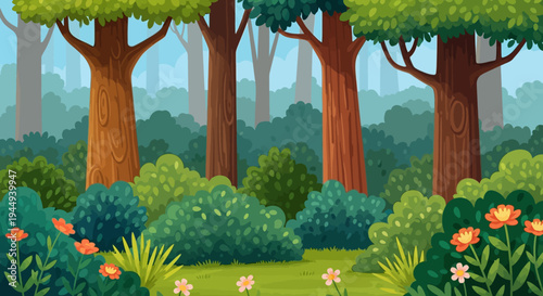 Trees with green leaves and flowers.