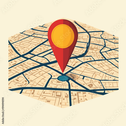 City map with a location pin highlighting a specific area. , vector style simple color