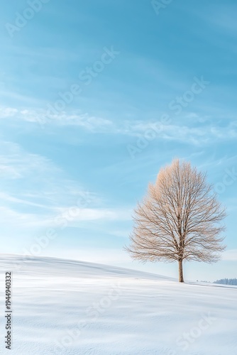 Frosty Winter Landscape with a Bare Tree Under a Clear Blue Sky and White Snowy Ground