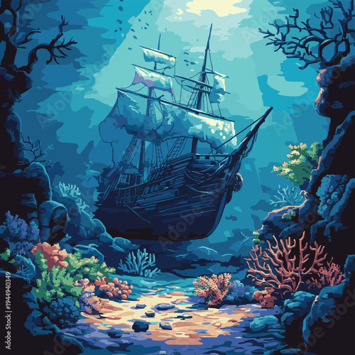A sunken pirate ship turned coral reef, underwater 2D scene , vector style simple color