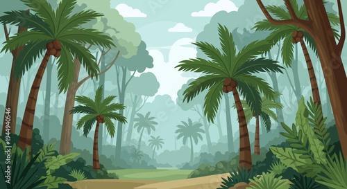 Tropical palm trees in forest landscape.