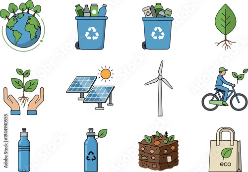 Eco-friendly icons and graphics representing sustainability, renewable energy, and environmental conservation