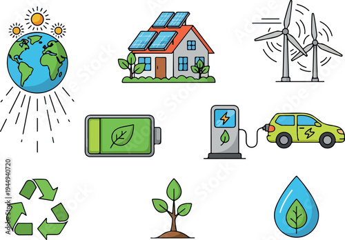 Sustainable Energy Icons Solar Power, Wind Turbines, Electric Cars, and Green Technology Solutions