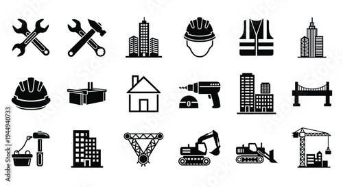 Construction tools buildings and safety equipment in a monochrome style