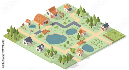 Isometric village illustration with houses ponds and green landscaping