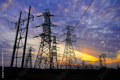 Pylon, high-voltage tower sky background.