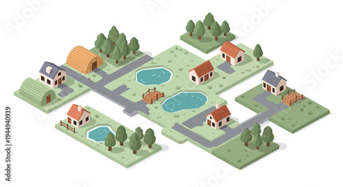 Isometric illustration of a small village with houses ponds and greenery