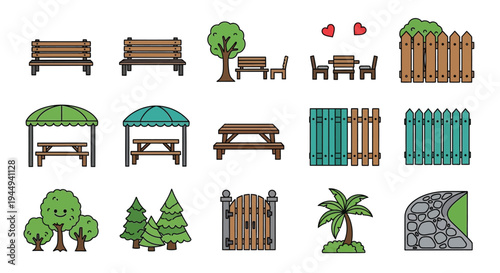 Collection of colorful park furniture and landscape elements in cartoon style