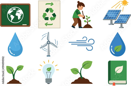 Set of eco-friendly icons representing sustainability, renewable energy, and environmental conservation for a greener planet