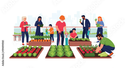 Community rooftop garden with diverse people cultivating vegetables and plants