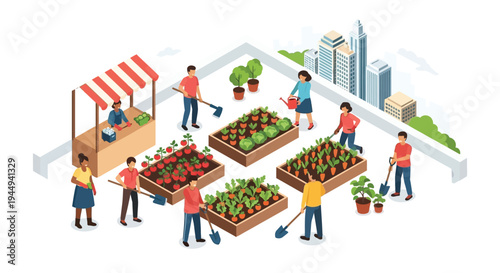 Isometric illustration of a community garden and farmers market scene