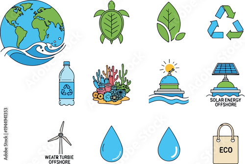 Set of icons related to environmental conservation, renewable energy, and sustainability initiatives