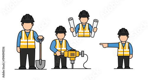 Construction workers depicted in various poses with tools and safety vests