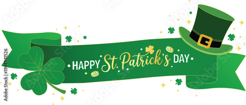 Happy St Patrick’s Day Green Ribbon Banner with Shamrock Clover and Leprechaun Hat Irish Holiday Vector