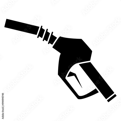 Minimalist black silhouette of a vintage gas pump with a fuel nozzle and long hose hanging on the right side, flat vector style, bold solid shapes, white background, retro petrol station icon, high co