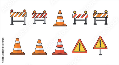 Collection of colorful road construction barriers and warning signs