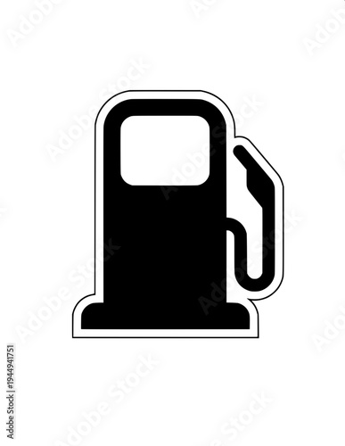 Minimalist black silhouette of a vintage gas pump with a fuel nozzle and long hose hanging on the right side, flat vector style, bold solid shapes, white background, retro petrol station icon, high co