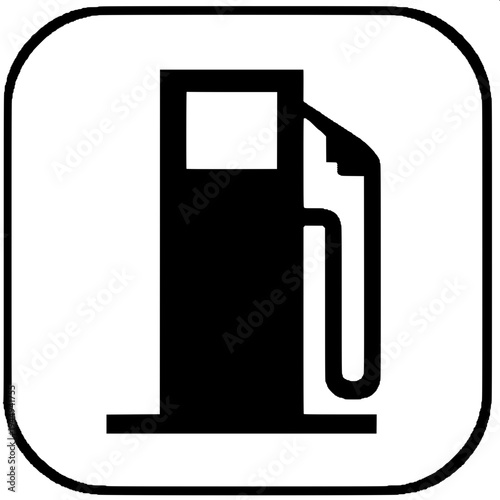 Minimalist black silhouette of a vintage gas pump with a fuel nozzle and long hose hanging on the right side, flat vector style, bold solid shapes, white background, retro petrol station icon, high co