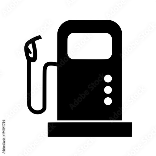 Minimalist black silhouette of a vintage gas pump with a fuel nozzle and long hose hanging on the right side, flat vector style, bold solid shapes, white background, retro petrol station icon, high co