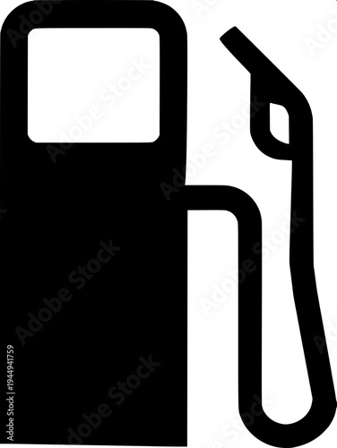 Minimalist black silhouette of a vintage gas pump with a fuel nozzle and long hose hanging on the right side, flat vector style, bold solid shapes, white background, retro petrol station icon, high co