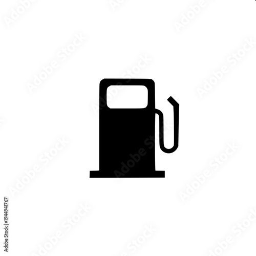 Minimalist black silhouette of a vintage gas pump with a fuel nozzle and long hose hanging on the right side, flat vector style, bold solid shapes, white background, retro petrol station icon, high co