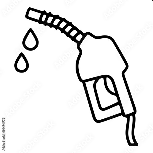 Minimalist black silhouette of a vintage gas pump with a fuel nozzle and long hose hanging on the right side, flat vector style, bold solid shapes, white background, retro petrol station icon, high co