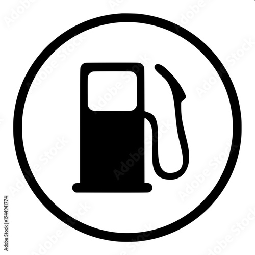 Minimalist black silhouette of a vintage gas pump with a fuel nozzle and long hose hanging on the right side, flat vector style, bold solid shapes, white background, retro petrol station icon, high co