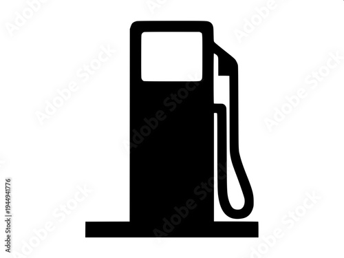 Minimalist black silhouette of a vintage gas pump with a fuel nozzle and long hose hanging on the right side, flat vector style, bold solid shapes, white background, retro petrol station icon, high co