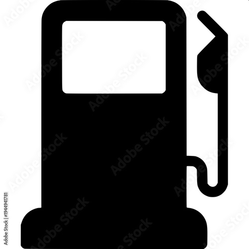 Minimalist black silhouette of a vintage gas pump with a fuel nozzle and long hose hanging on the right side, flat vector style, bold solid shapes, white background, retro petrol station icon, high co