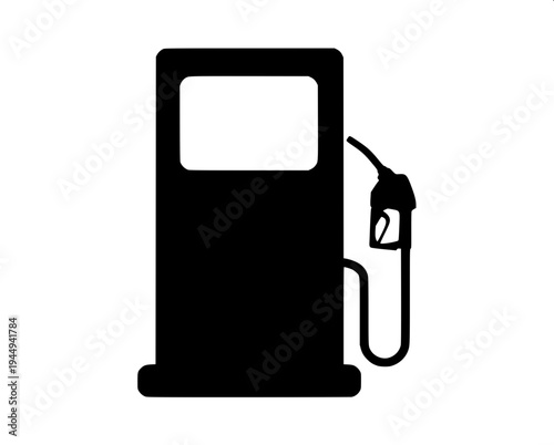 Minimalist black silhouette of a vintage gas pump with a fuel nozzle and long hose hanging on the right side, flat vector style, bold solid shapes, white background, retro petrol station icon, high co