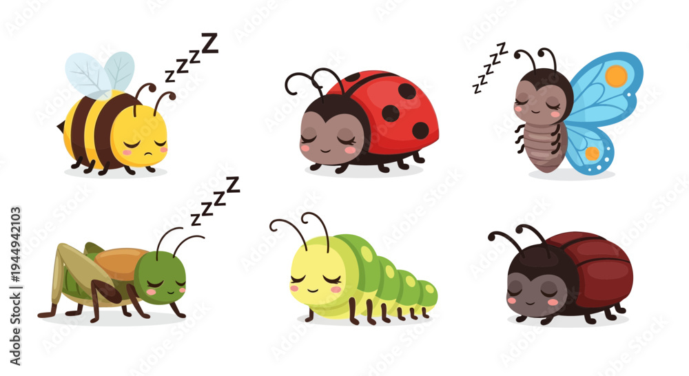 Naklejka premium Six cartoon insects sleeping bee ladybug butterfly grasshopper caterpillar and beetle