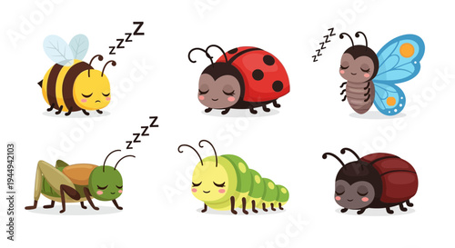 Six cartoon insects sleeping bee ladybug butterfly grasshopper caterpillar and beetle